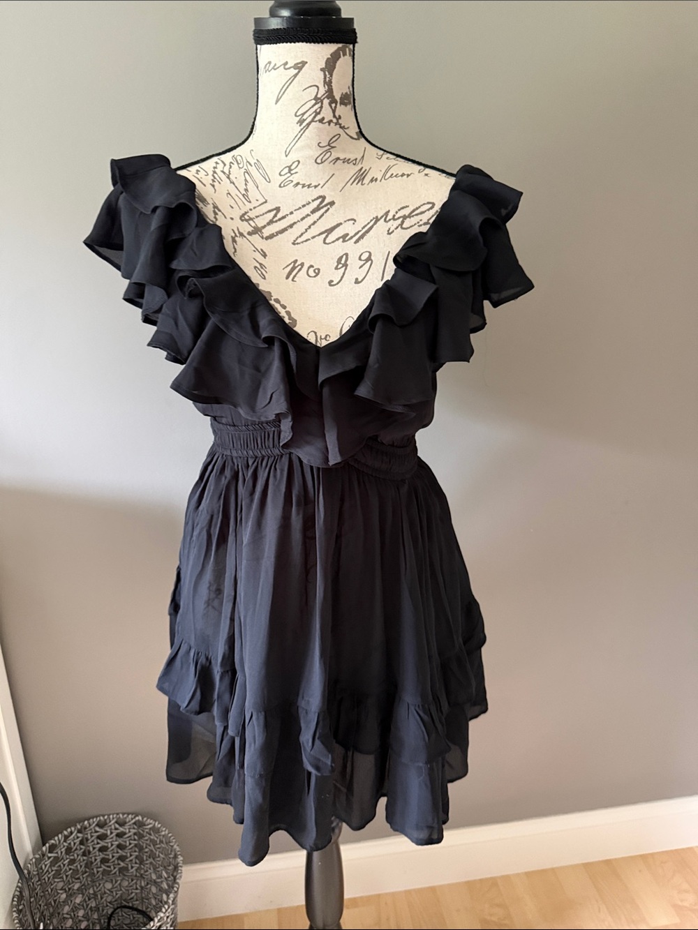T.J.Maxx Black Ruffle V-Neck Mini Dress